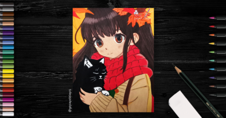 Fanart garota anime outono: Pintura com lápis de cor